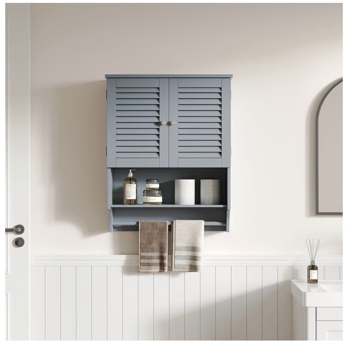Bathrrom Wall Cabinet with Towel Bar and Ample Storage 23.6 Inch Length X 8.8 Inch Width X 29.5 Inch Height Medicine Cabinet, Over the Toilet Space Saver Storage Cabinet with Adjustable Shelf (Gray) (New in Box)