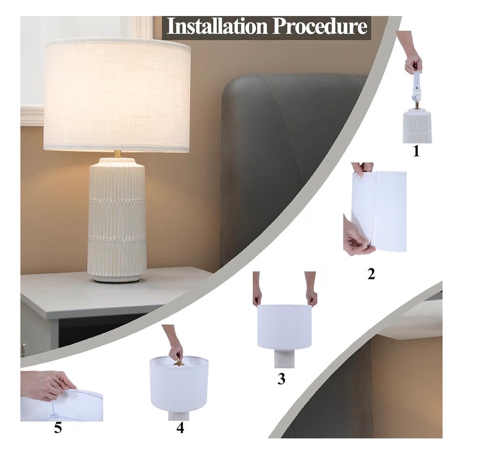 Table Lamps Set of 2 White Ceramic with White Fabric Shade foe Bedroom, Livingroom, Nightstand, Cylindrical High End Modern Farmhouse Lamp (New in Box)