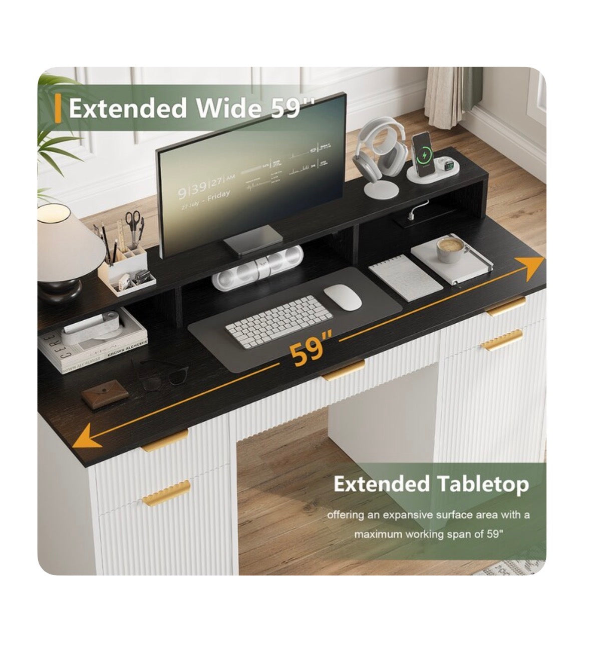 Office Desk Computer Table with Power Outlets and Monitor Stand 59 Inch Modern/Contemporary (White) (New in Box)