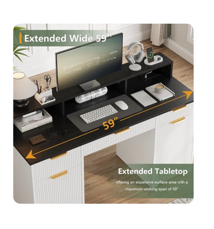 Office Desk Computer Table with Power Outlets and Monitor Stand 59 Inch Modern/Contemporary (White) (New in Box)