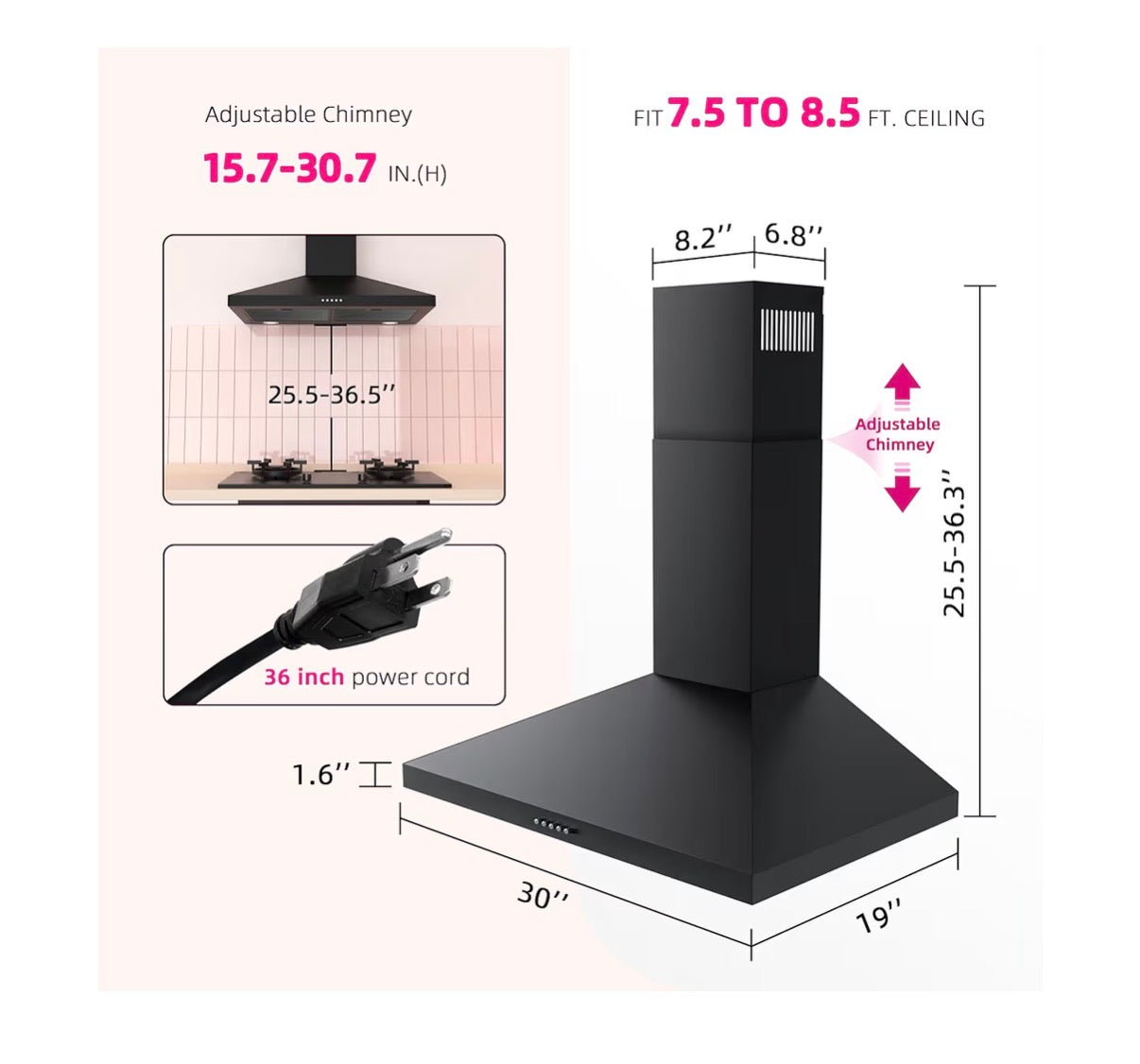 FIREGAS Black Range Hood 30 Inch, Wall Mount Kitchen Hood Ducted/Ductless Convertible, 450 CFM, 3-Speed Exhaust Fan, Stainless Steel Stove Vent for Kitchen with LED Lights, Charcoal Filters (New in Box)