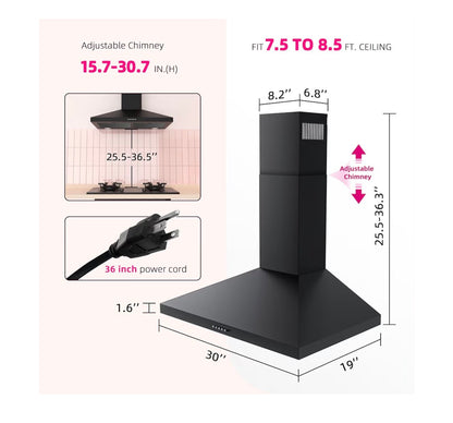 FIREGAS Black Range Hood 30 Inch, Wall Mount Kitchen Hood Ducted/Ductless Convertible, 450 CFM, 3-Speed Exhaust Fan, Stainless Steel Stove Vent for Kitchen with LED Lights, Charcoal Filters (New in Box)