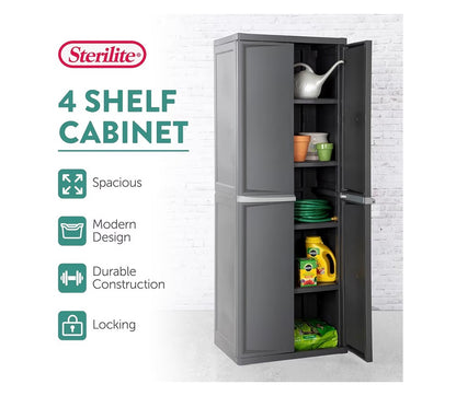 Sterlite 4 Shelf Cabinet, Lockable Utility Storage Adjustable Shelves Plastic Shelving Unit for Organizing, Garage, Pantry, Basement, Laundry Room, or Mudroom (Gray) (New in Box)
