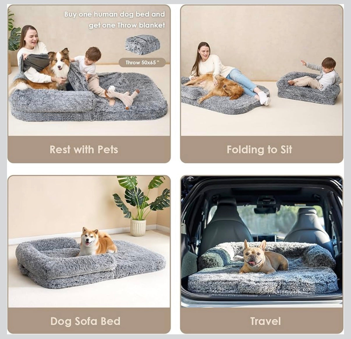 Foldable XL Dog Bed 46 Inch X 34 Inch X 6.5 Inch Faux Fur Fluffy Pet Couch Bed for Large Dogs, Orthopedic Calming Memory Foam Big Pet Bed, Washable Soft Pet Sofa Bed with Non-Slip Bottom (Gray) (New in Box)