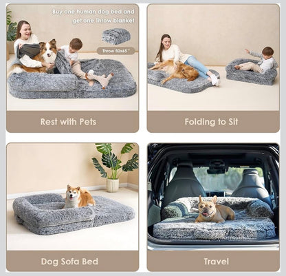 Foldable XL Dog Bed 46 Inch X 34 Inch X 6.5 Inch Faux Fur Fluffy Pet Couch Bed for Large Dogs, Orthopedic Calming Memory Foam Big Pet Bed, Washable Soft Pet Sofa Bed with Non-Slip Bottom (Gray) (New in Box)