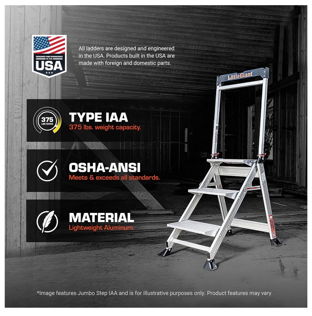 Little Giant Jumbo Step 3-Step Foldable 2.2 Ft. Aluminum Stool Foldable Aluminum Step Stool, Extra-Wide Stair Like Treads, Rotating Handrail, Tool Tray, 375 lbs. Weight Capacity (New in Box)