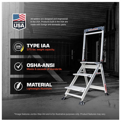 Little Giant Jumbo Step 3-Step Foldable 2.2 Ft. Aluminum Stool Foldable Aluminum Step Stool, Extra-Wide Stair Like Treads, Rotating Handrail, Tool Tray, 375 lbs. Weight Capacity (New in Box)