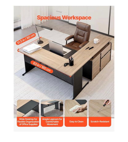 63 Inch L-Shaped Executive Desk, Large Office Desk with Drawers, File Storage Cabinet, Detachable 350lbs Load Capacity Corner Table, Easy Assembly, Business Furniture, Workstation for Home Office (Tan/Black) (New in Box)