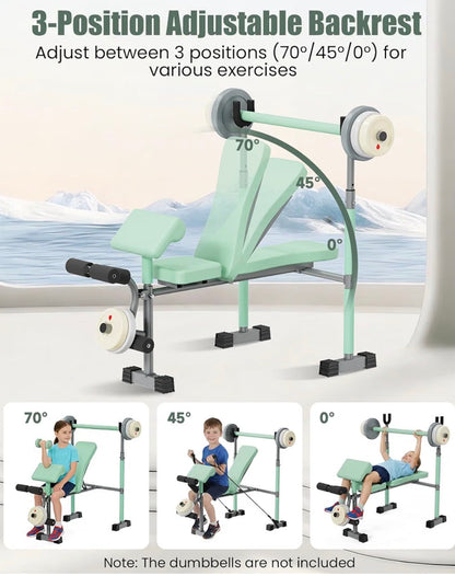 Heypappy Kids Workout Equipment - adjustable kids workout  bench with preacher pad & leg developer, fillable weight plates for home gym fitness  & exercise