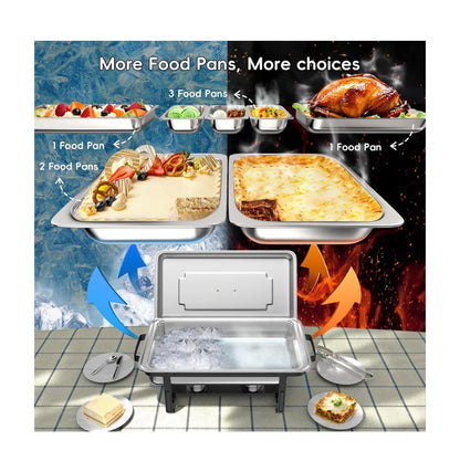 Chafing Dishes for Buffet 9 Qt 4 Pack with Multi-Size Food Pans Screwless Installation Chafing Dish Buffet Set, Foldable Handles Stacking Design, Stainless Steel for Events (New in Box)