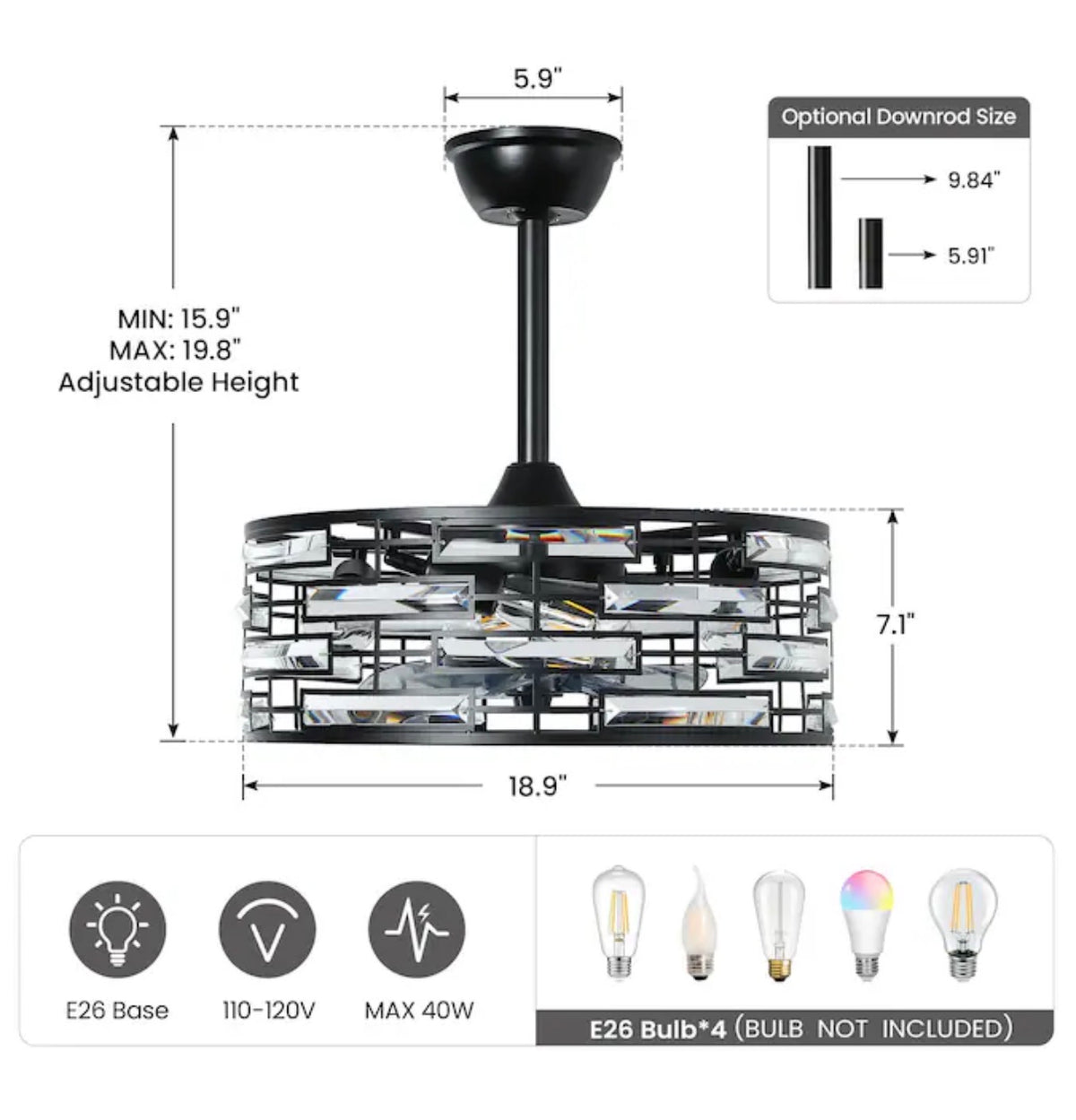 20 Inch Indoor Low-Profile Crystal Enclosed Ceiling Fan with Light 7 Blades Dc Motor Speed Reversible Remote Control (Black) (New in Box)