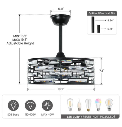 20 Inch Indoor Low-Profile Crystal Enclosed Ceiling Fan with Light 7 Blades Dc Motor Speed Reversible Remote Control (Black) (New in Box)