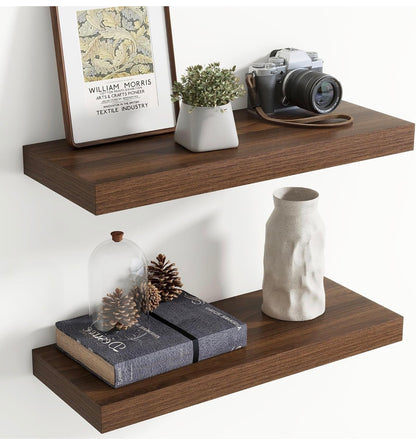 24 Inch Floating Shelves for Wall, 8 Inch Deep, Invisible Brackets, Walnut Rustic Wall Mounted Shelf, Storage & Display, Wooden Shelves for Living Room, Kitchen, Bathroom and Home Decor Set of 2 (New in Box)