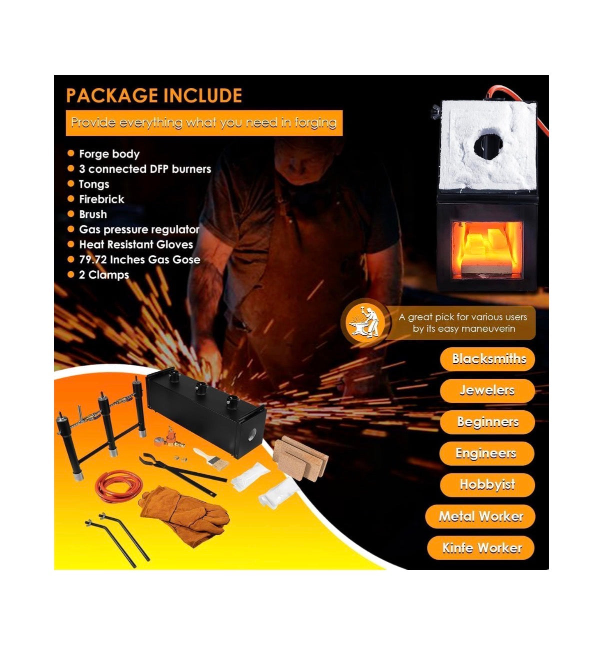 Propane Gas Forge, Triple Burner 2700H Blacksmithing Forge Large Capacity Forge, Square Propane Burner Forge with V-Bit Tongs & Leather Welding Gloves for Farrier, Knife and Tool Making (New in Box)