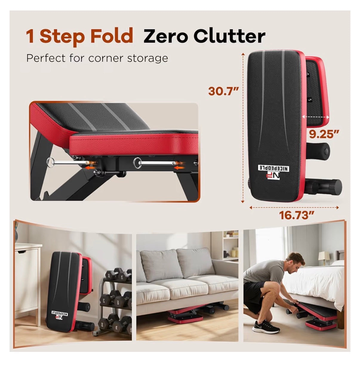 Adjustable Weight Bench for Home Gym, 660lbs Capacity Workout Bench with 8 Backrests for Chest Shoulders Arms, Compact and Foldable Strength Bench for Small Space Apartment Room (Red and Black) (New in Box)