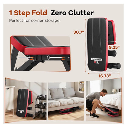 Adjustable Weight Bench for Home Gym, 660lbs Capacity Workout Bench with 8 Backrests for Chest Shoulders Arms, Compact and Foldable Strength Bench for Small Space Apartment Room (Red and Black) (New in Box)