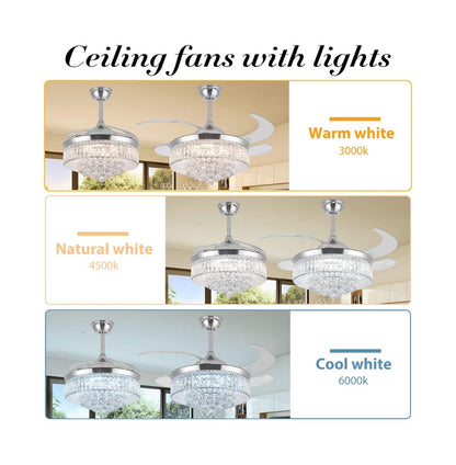 42 Inch Crystal Ceiling Fan with Light, Silvery Chandelier Fan with Remote, 6 Speeds, 3 Colors Changes, 4 Blades Rectangle Ceiling Fan for Bedroom, Living Room, Dining Room (Silver) (New in Box)