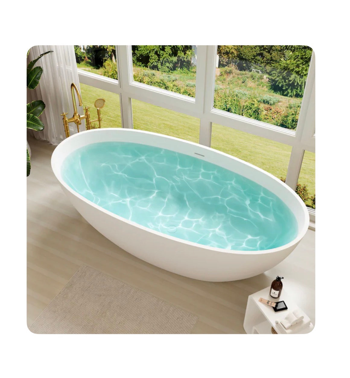 35.4 Inch X 70.9 Inch Matte White Solid Surface Oval Freestanding Soaking Bathtub with Drain (Centered Drain) (New in Box)