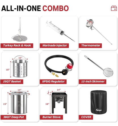 36 Qt. Outdoor Fryer - Turkey Fryer - Seafood Boil Pot, Cover & Skimmer included - 50,000BTU Propane Burner, Aluminum Deep Fryer Pot with Basket, Crab, Seafood & Crawfish Boiler
