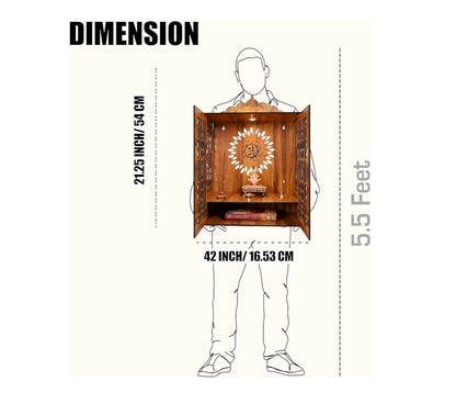 Indian Religious Wooden Temple for Poojaghar, Assembly Required, Mandir Unit with Storage Space, LED Lights and Wall Mount