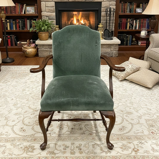 Chippendale Style Arm Chair With Newly Upholstered Green Velvet
