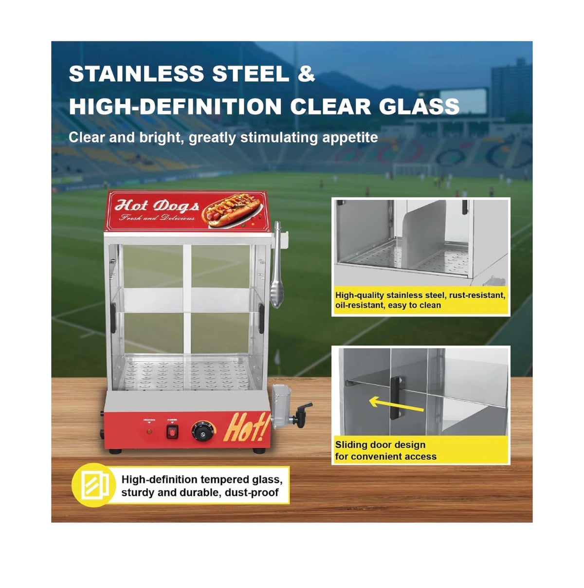Hot Dog Steamer Machine, 31.7 QT/30L, 2 Tier Electric Hot Dog Steamer with Bun Warmer, Adjustable Temperature, Hot Dog Hut Steamer with Visible Glass Sliding Door, 175 Hot Dogs & 40 Buns Capacity (New in Box)