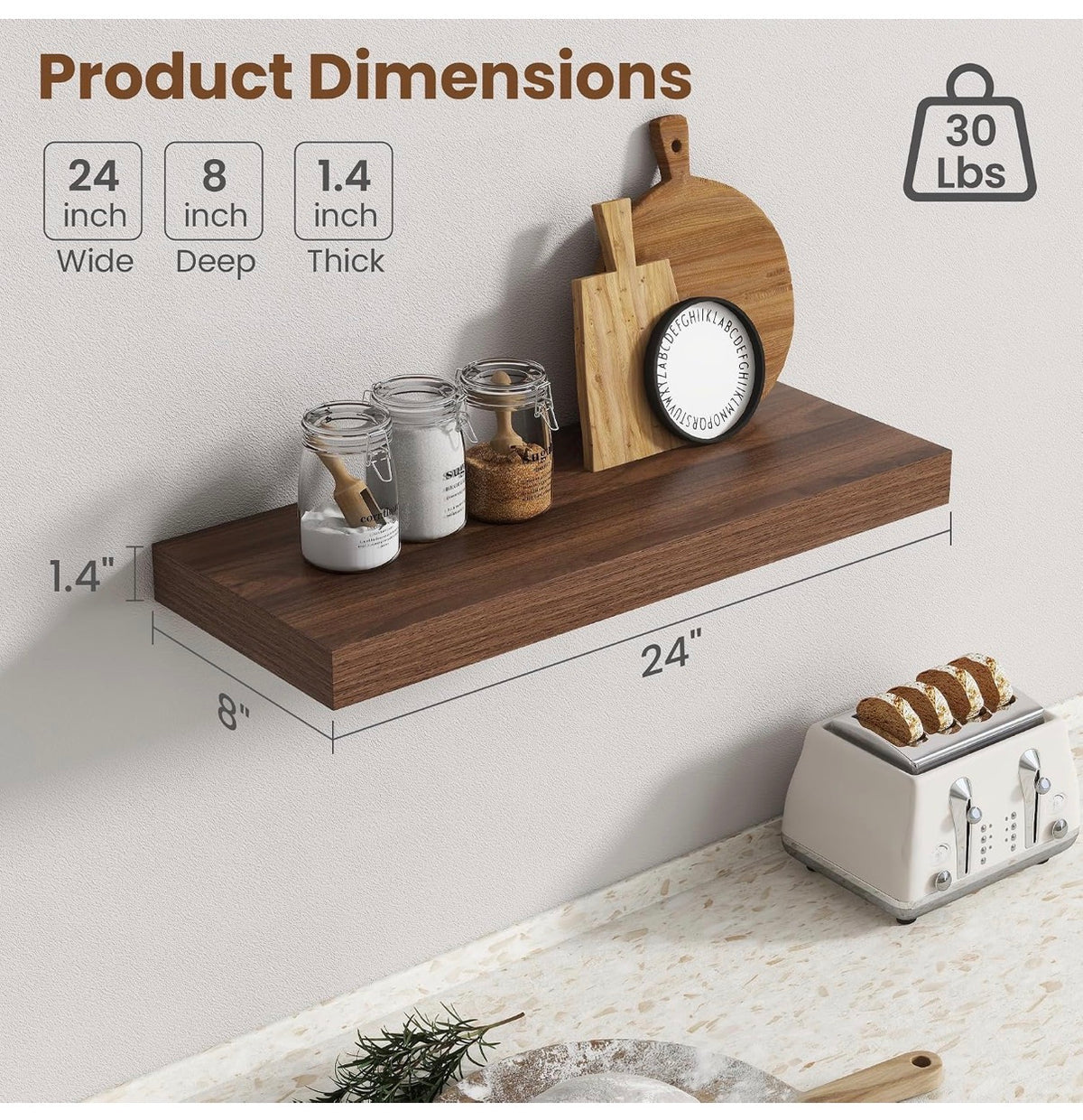 24 Inch Floating Shelves for Wall, 8 Inch Deep, Invisible Brackets, Walnut Rustic Wall Mounted Shelf, Storage & Display, Wooden Shelves for Living Room, Kitchen, Bathroom and Home Decor Set of 2 (New in Box)