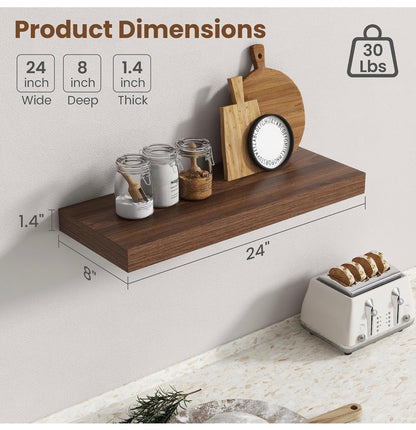 24 Inch Floating Shelves for Wall, 8 Inch Deep, Invisible Brackets, Walnut Rustic Wall Mounted Shelf, Storage & Display, Wooden Shelves for Living Room, Kitchen, Bathroom and Home Decor Set of 2 (New in Box)