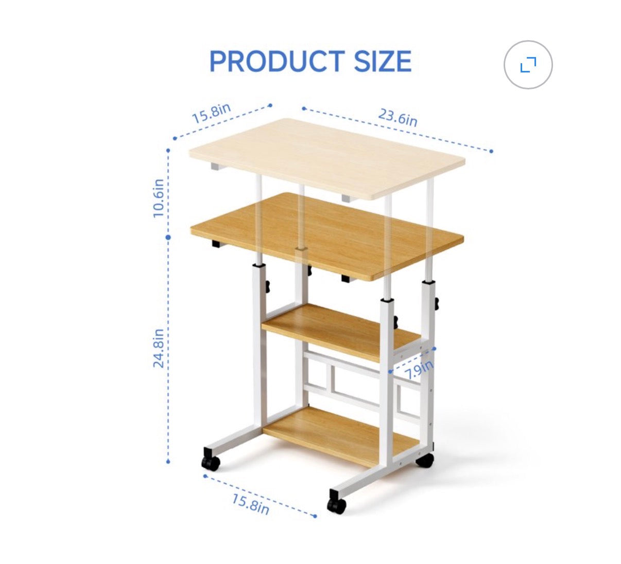Portable rolling Desk on Wheels, Height Adjustable Desk with 2 Tier Storage Shelves, Standing Table for Office (Natural color) (New in Box)
