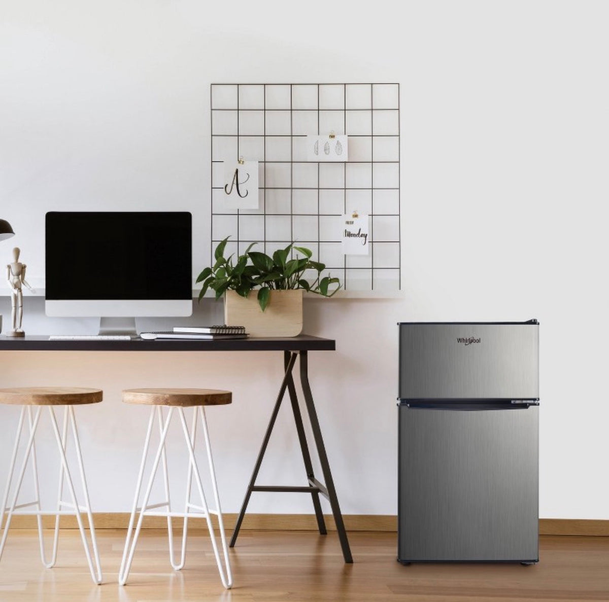 Whirlpool 3.1 Cu Ft. Mini Refrigerator Stainless Steel Energy Star Certified Dorm Fridge, Reversible Door, 2 Shelves (New in Box)