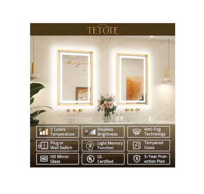 TETOTE 60 Inch X 30 Inch Brushed Gold Beveled Framed Rectangle Dimmable LED Lighted Fog Free Bathroom Vanity Mirror (New in Box)