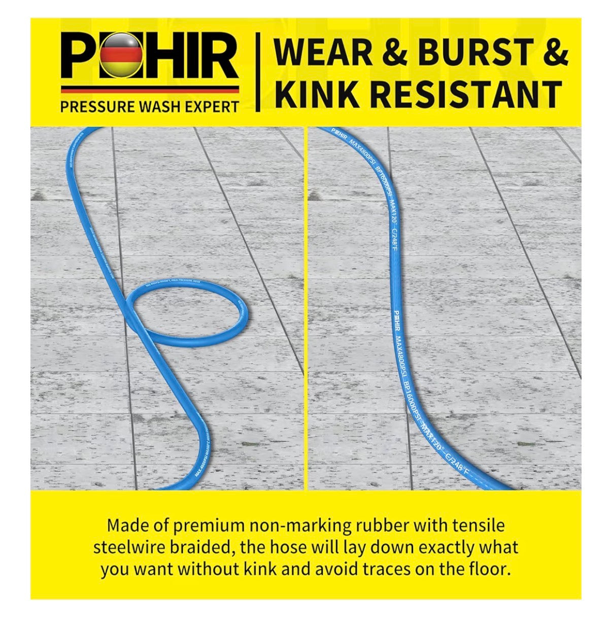 100 Ft Pressure Washer Hose 3/8 Inch 4800 PSI, Kink Resistant Industrial Grade Hose with Quick Connect Ends and Adapters for Hot & Cold Water Steel Wire Braided Hose for Power Washing