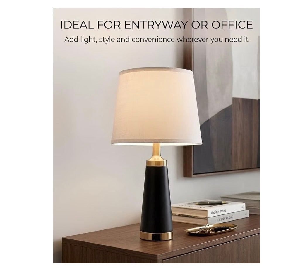 Bedside Table Lamp for Bedroom Nightstand 24 Inch Night Stand Lamps Set of 2 USB A & C Charging Ports and Outlets Side Table Lights with White Linen Shade, Knob Switch for Living Room (Black and Gold) (New in Box)