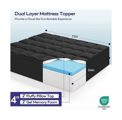 Olanly 4 Inch Dual-Layer Mattress Topper, Gel Memory Foam 2 Inch Gel Memory Foam Base and 2 Inch Cooling Pillow Top Mattress Cover, Deep Pockets Fits Mattresses Up to 21 Inch Full (Black) (New in Box)
