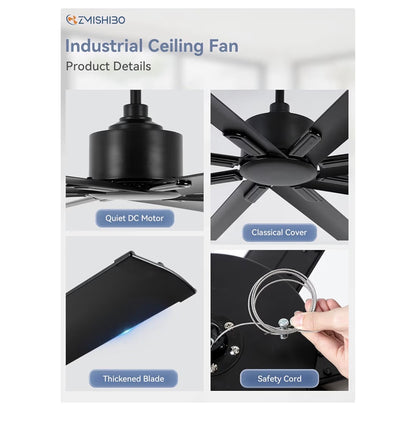 65 Inch No Light Large Industrial Ceiling Fan with 8 Aluminum Blades, Quiet DC Motor, 6 Speeds, Modern Ceiling Fan without Light for Garage/Shop/Living Room (Black) (New in Box)