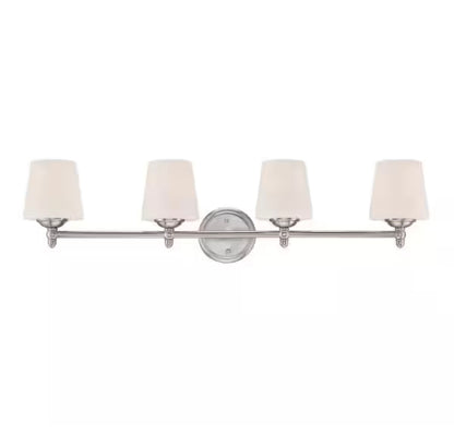 Darcy 36" 4-light brushed nickel transitional vanity light with white opal glass shade