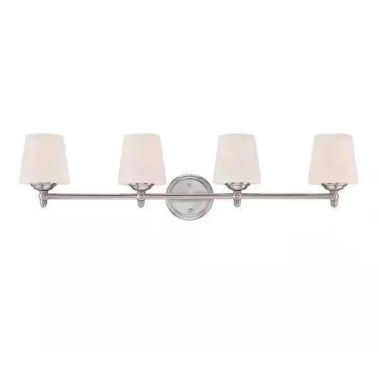 Darcy 36" 4-light brushed nickel transitional vanity light with white opal glass shade