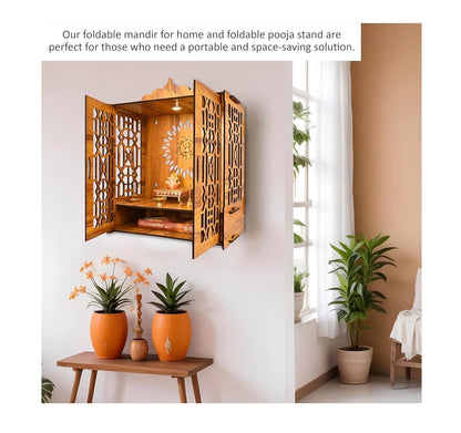 Indian Religious Wooden Temple for Poojaghar, Assembly Required, Mandir Unit with Storage Space, LED Lights and Wall Mount