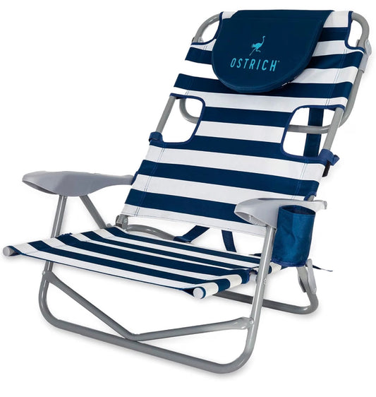 Ostrich The Heavy Duty Backpacker, Portable Beach Chair with Face Hole Adjustable Lounge Chair with Cup Holder 325lb Capacity (Blue Stripes) (New in Box)