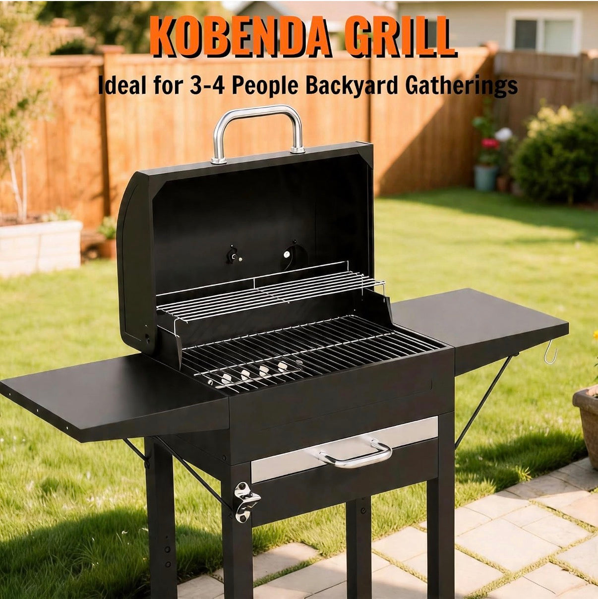 Charcoal BBQ Grill - Black with 2 side tables, charcoal tray, thermometer for backyard outdoor cooking