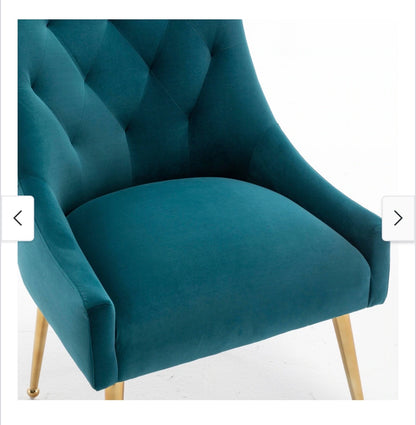 SEYNAR Modern Boucle Velvet Upholstered Accent Dining Chair Set of 2 Tufted Back Armless Chair with Golden Legs (Teal) (New)