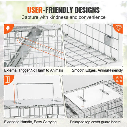 VEVOR Live Animal Cage Trap, 24" x 8" x 8" Humane Cat Trap Galvanized Iron, Folding Animal Trap with Handle for Rabbits, Stray Cats, Squirrels, Raccoons, Groundhogs and Opossums- new in box