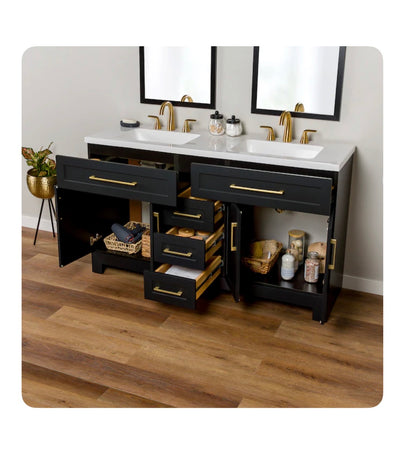 Cauley 60 Inch Black Double Sink Bathroom Vanity with White Cultured Marble Top (New in Box)