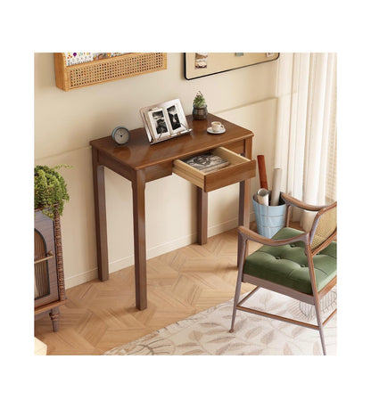 Solid Wood Desk with Drawers 28 Inch X 16 Inch Simple Narrow Desks, Rubber Wood Study Table, Small Writing Desk for Small Spaces/Bedroom (Walnut) (New in Box)