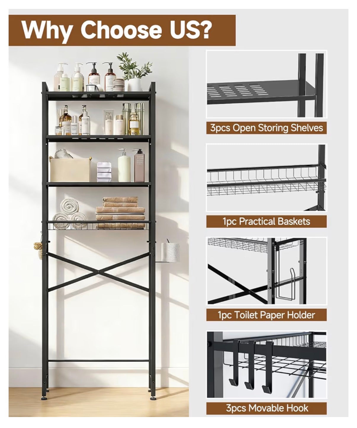 Over The Toilet Storage Rack, 4 Tier Adjustable Bathroom Organizer Over Toilet with Storage Basket & 4 Hooks, Space Saving Shelf, Rustproof Metal (Black) (New in Box)