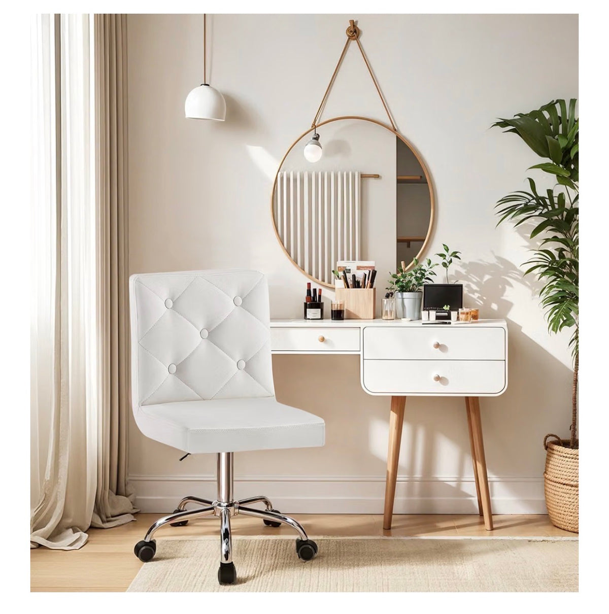VECELO PU Leather Mid-Back Armless Vanity Chair Adjustable Height 360 Degree Rolling Swivel for Home, Office, Work (White) (New in Box)