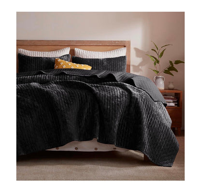 Velevt Quilt California King Size 118 Inch X106 Inch, Lightweight Black Velvet Comforter Set with 2 Matching Shams, Soft Cross Stitch Bedspread Coverlet, Oversized King Bedding Set for All Season (New in Box)