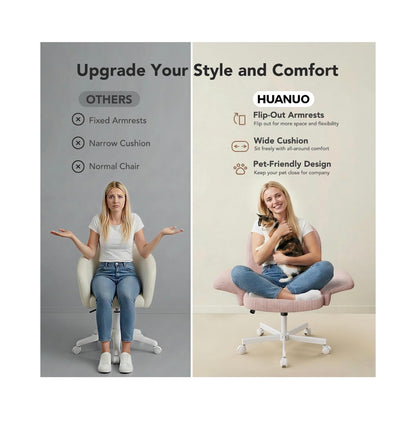 Criss Cross Office Chair, Cross Legged Desk Chair with Adjustable Armrests, Soft Corduroy Fabric for Small Spaces, Home Office Computer Chair (Pink/White) (New in Box)