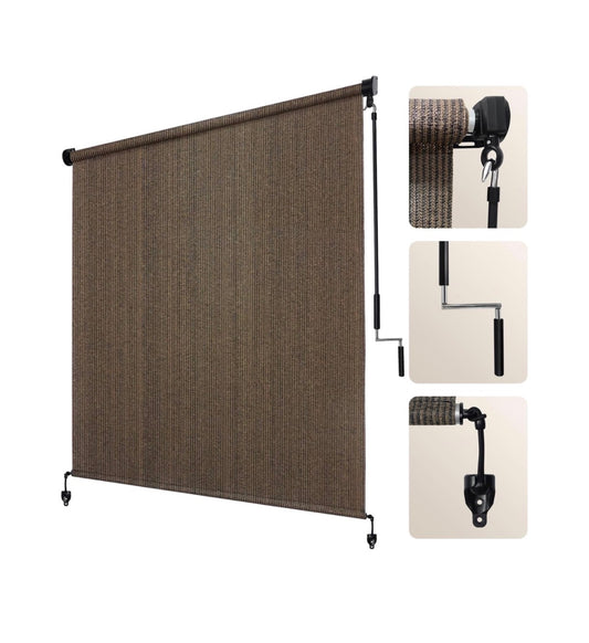 Outdoor Roller Shade 9ft width X 8ft Height, Mocha Exterior Cordless Patio Shades Roll Up Blinds with Spliced Pole Design, One Piece Fabric