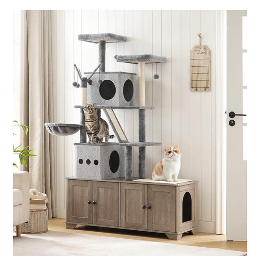 Double Litter Box Enclosure with Cat Tree, 45.3 Inch Length X 17.7 Inch Width X 68.9 Inch Height All in One Modern Cat Tower with Bed, Hidden Litter Box Enclosure Furniture, with Hammock (Geige) (New in Box)